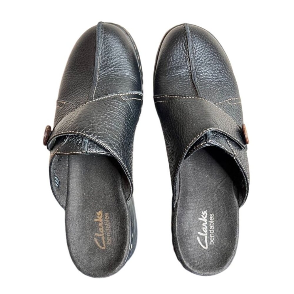 Clarks Bendables Black Leather Slip-On Mules With Button Detail Size 8.5M **READ